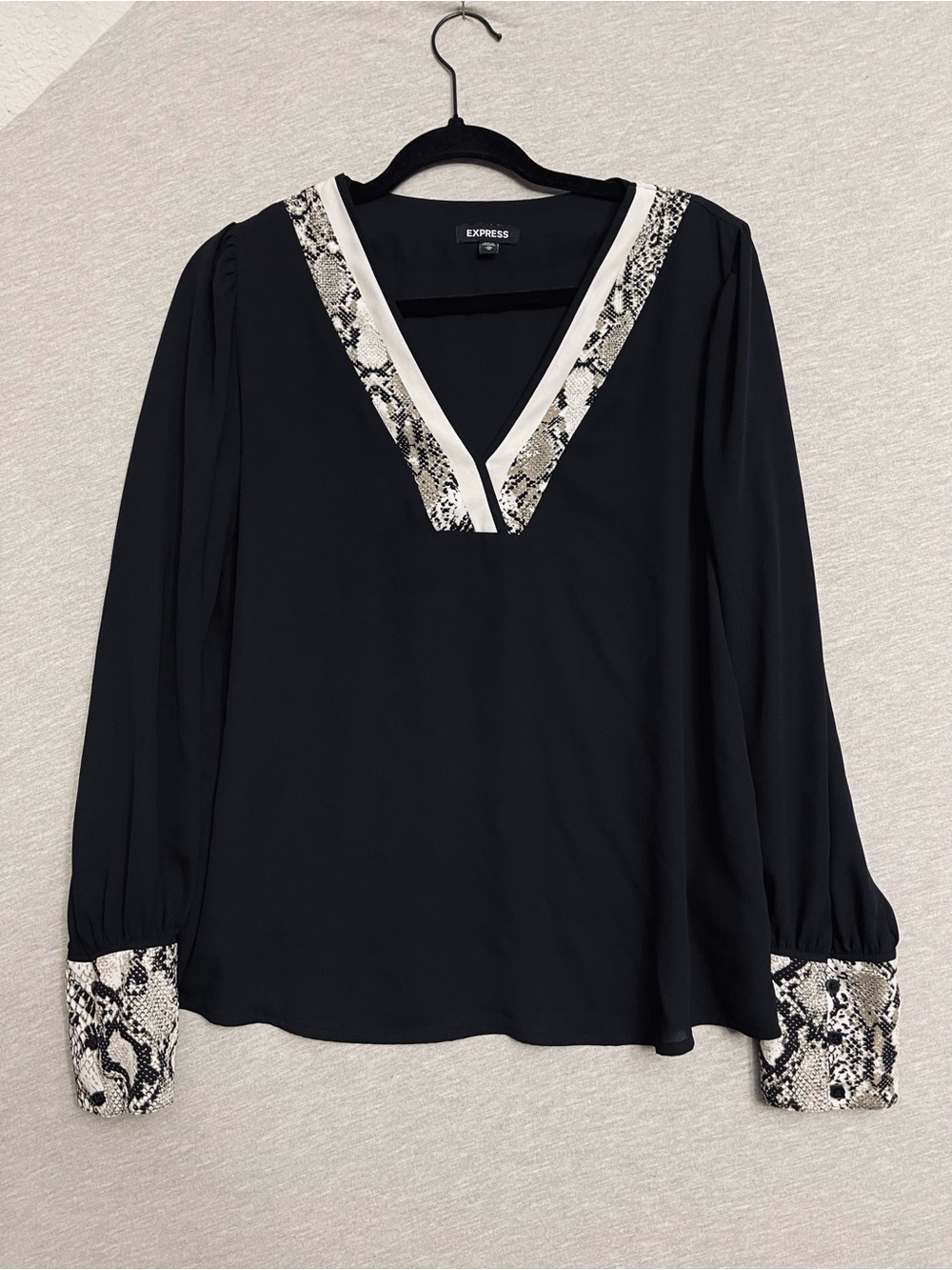 Express Black V-Neck Blouse with Snake-Print Trim